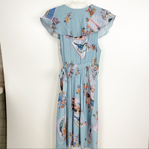 NWT Maeve Anthropologie Rosalia Wrap Dress Size 8 Blue Bird Print Ruffle - Picture 12 of 12
